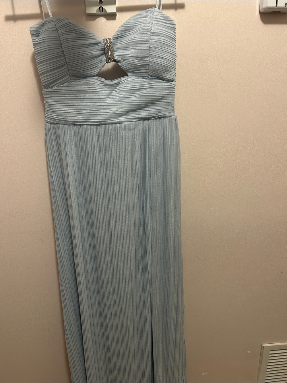 Light Blue Strapless Pleated Maxi Dress with Rhinestone Accent